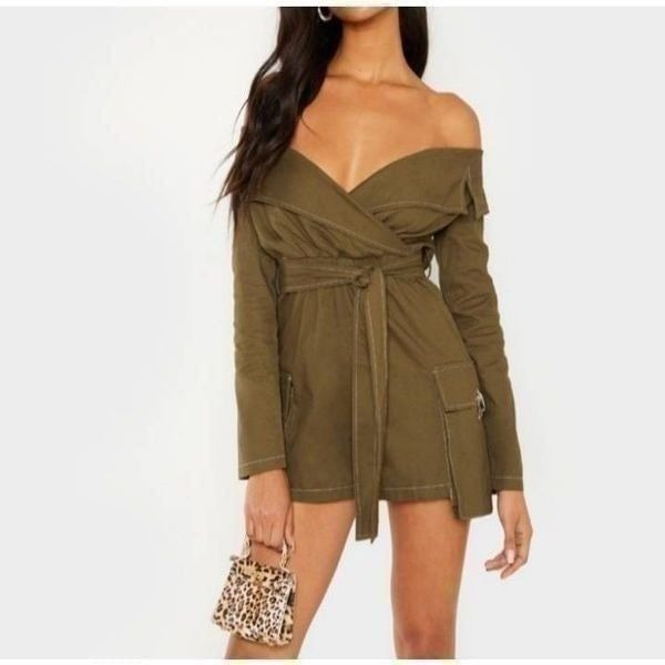 PRETTYLITTLETHING KHAKI/ARMY GREEN UTILITY TIE WAIST BARDOT ROMPER SZ.4 NWT.