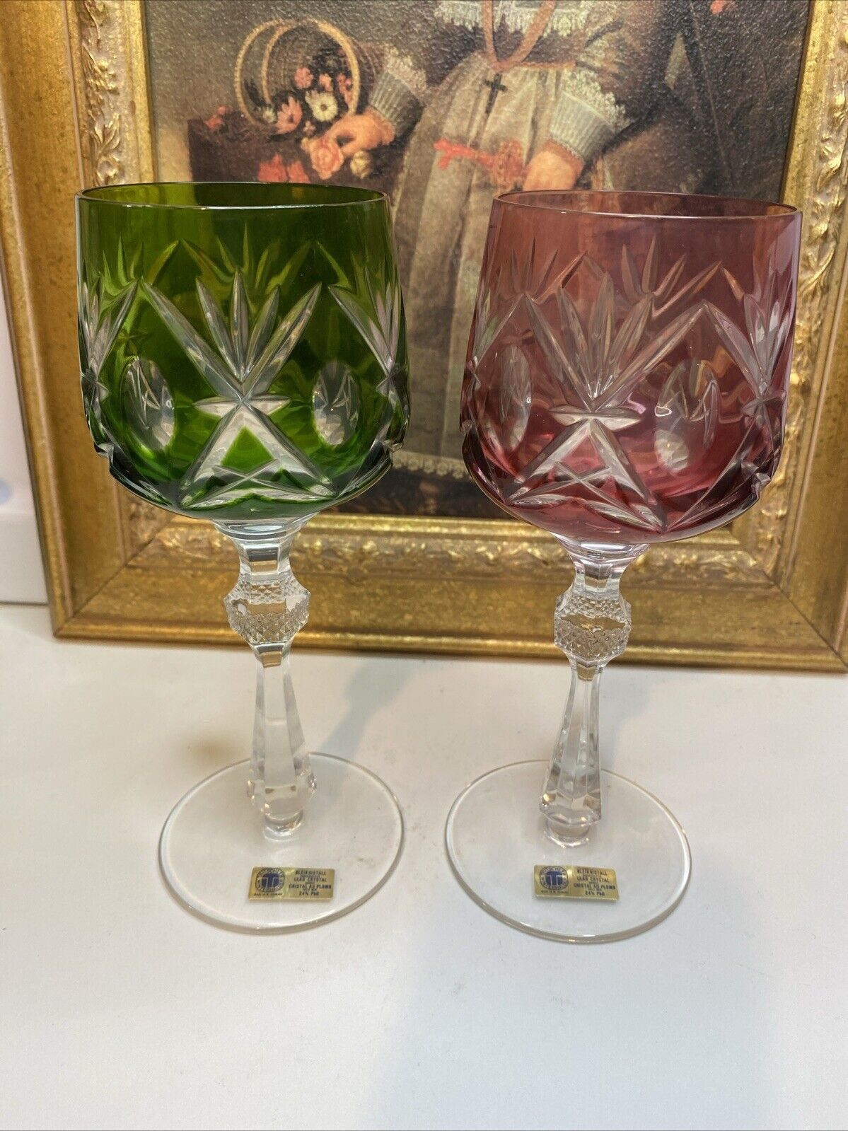 Pair Echt Bleikristall Crystal Green Pink Cut To Clear Stemmed Wine Glasses NWT