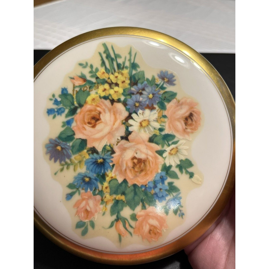 Antique c1910-1930 Lenox Floral Powder Box Candy Dish w Lid - Green Markings