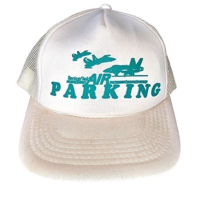 Vintage Aviation Pilot Plane White Mesh Trucker Hat Springfield Air Parking