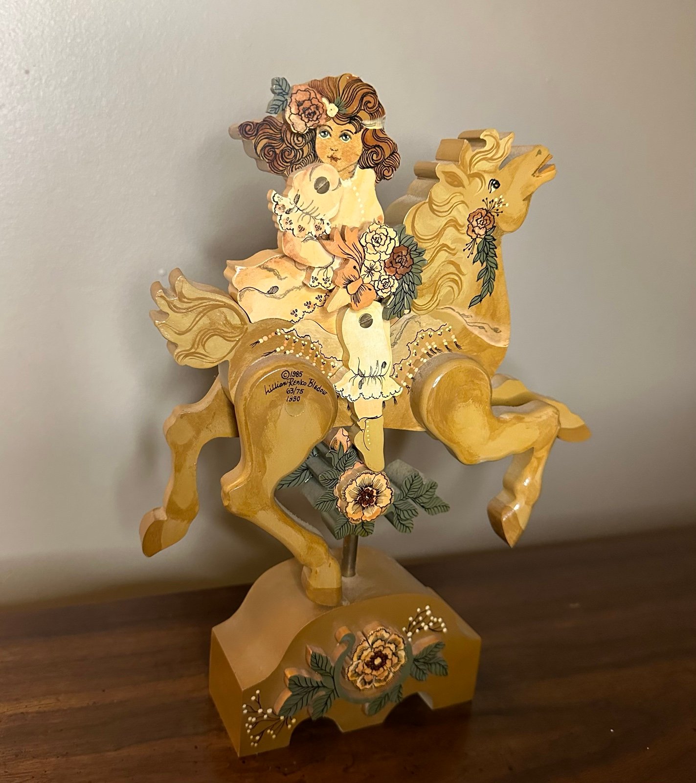 Lillian Renko Bledow Wooden Hand Painted Girl on Horse Figurine Victorian