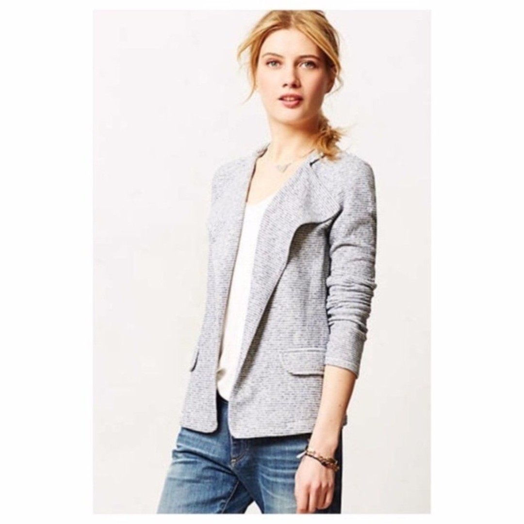 Anthropologie Saturday Sunday Striped Terry Blazer Blue White Open Front Size XL