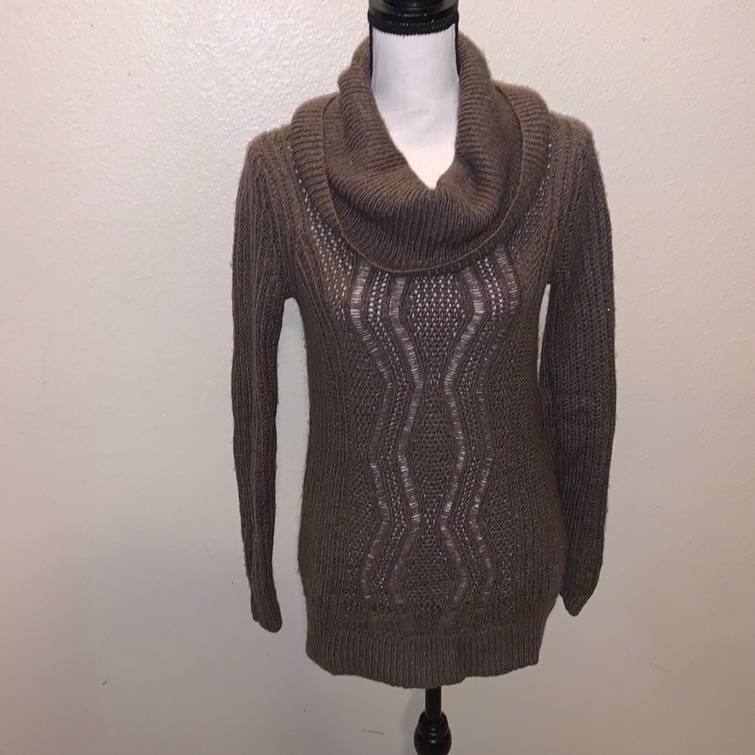 Maurices brown gold sparkles open knit crochet cowl neck sweater