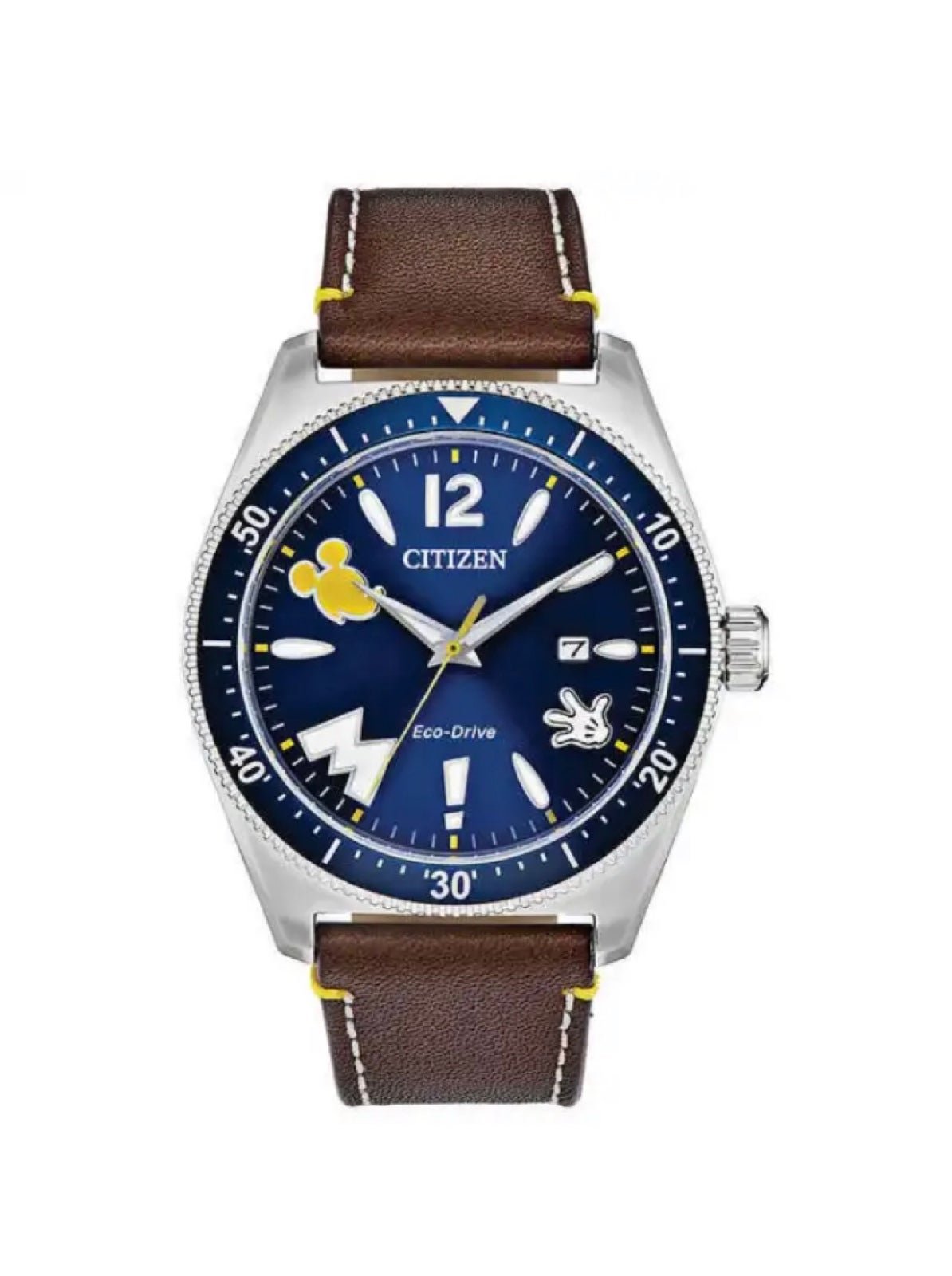 Citizen Eco-Drive AW1599-00W Mickey Mouse Brown Leather Date 43mm Solar Watch