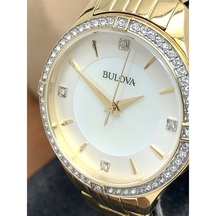 Bulova Womens Watch 98L274 Quartz Crystal Accent Mother of Pearl Dial Gold Steel
