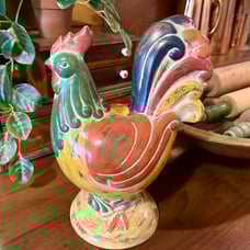12” RUSTIC, STONEWARE ROOSTER FEATURING A BEAUTIFUL DISPLAY OF COLOR.