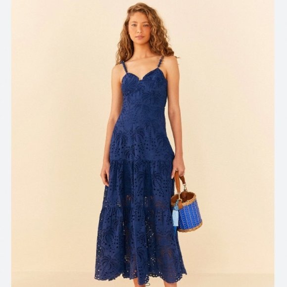 Farm Rio Deep Blue Palm Tree Richelieu Midi Dress - Size XL