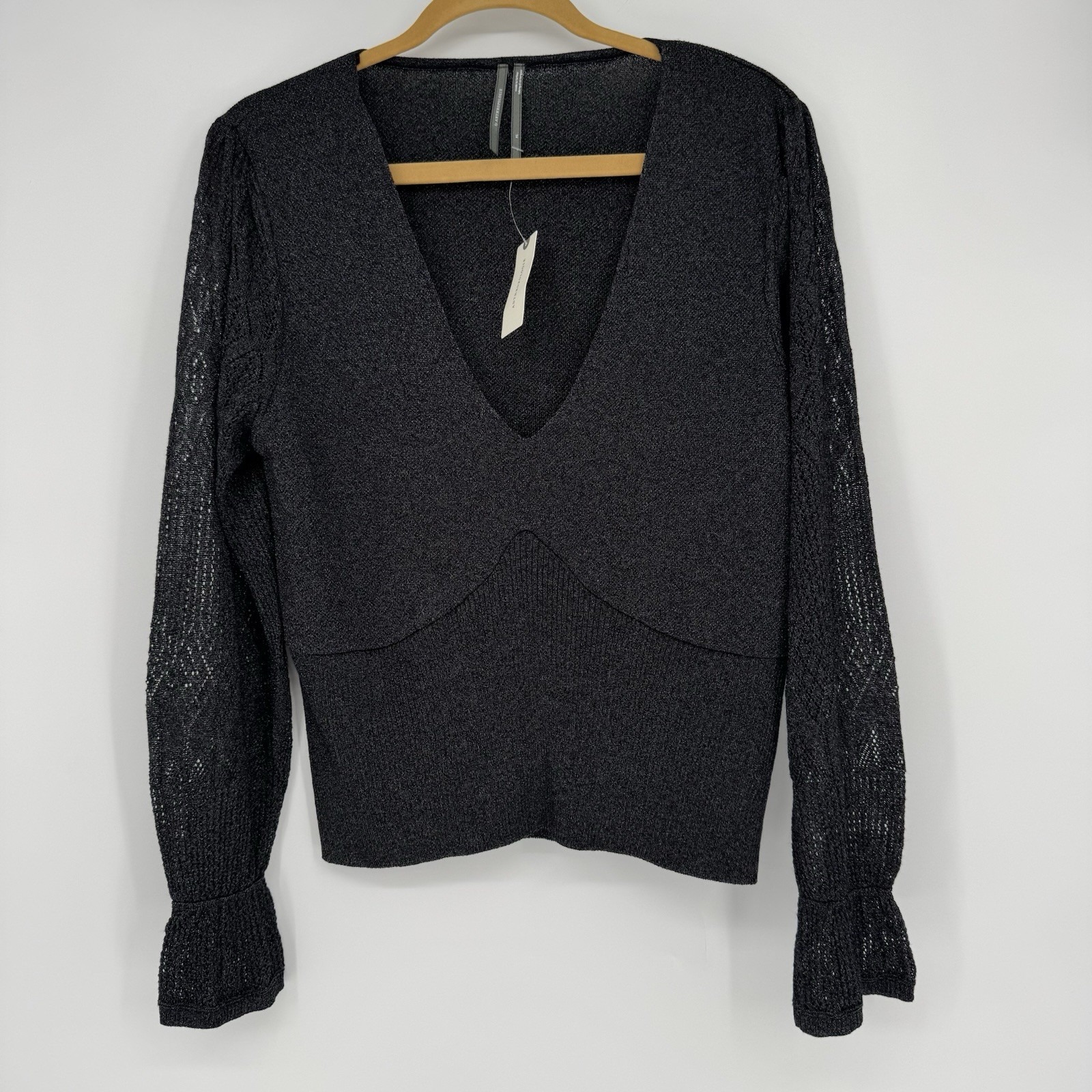 By Anthropologie Woven-Sleeve Twofer Sweater in Black Noir Women's Size XL New