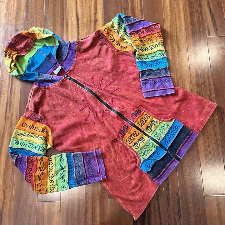 Greater Good Network Red Hooded Rainbow Sun Jacket Hoodie Sweatshirt Boho L / XL