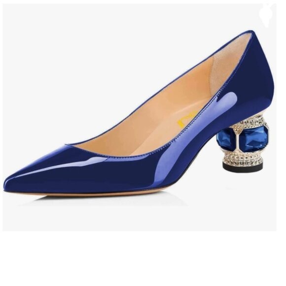 FSJ Navy Bridal Pointed Toe Chunky Low Heel Crystal Pumps Slip on Wedding Shoes