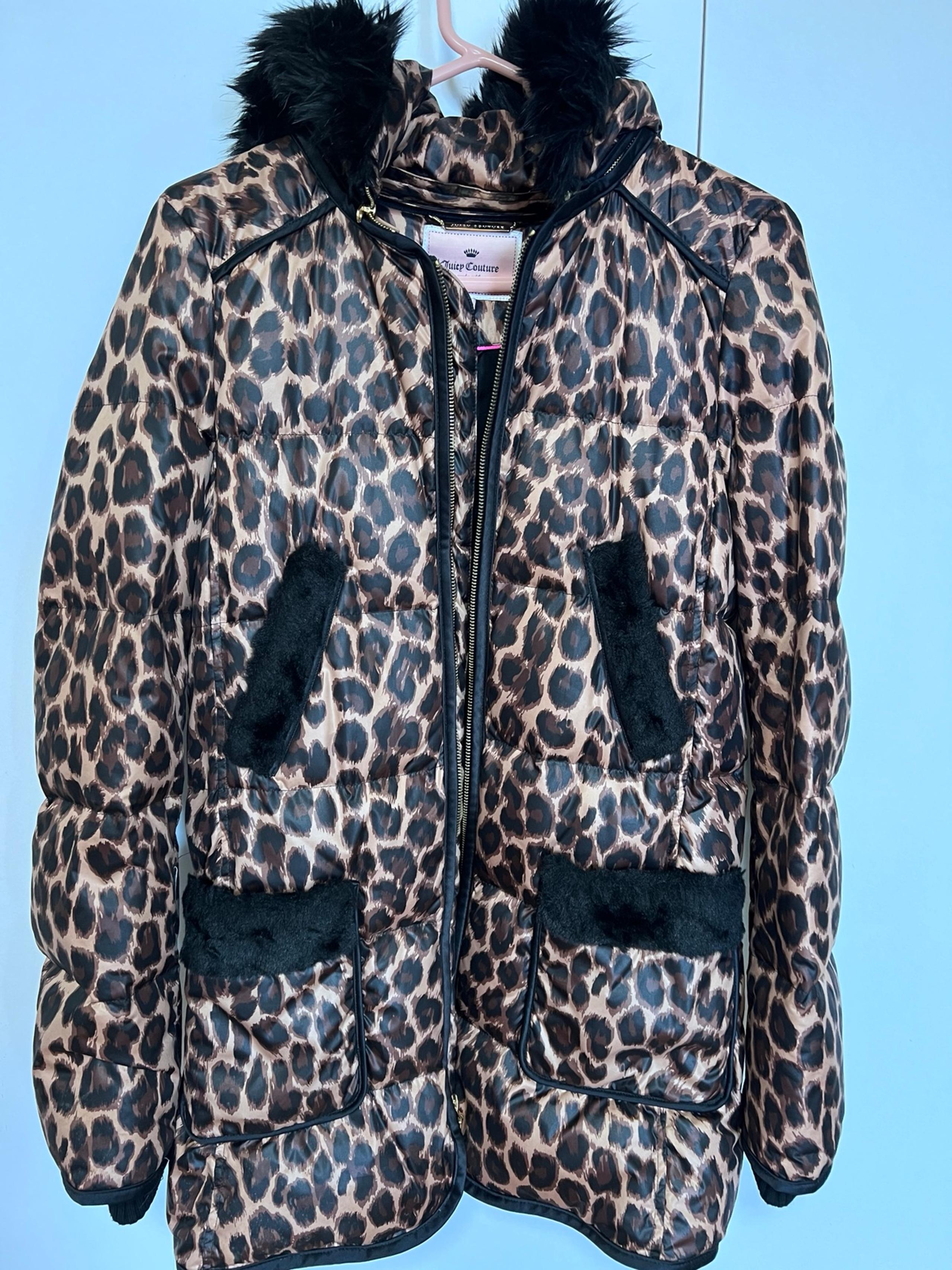 Juicy Couture Coat Winter Puffer Down Jacket Faux Fur Hood Womens Small, Leopard