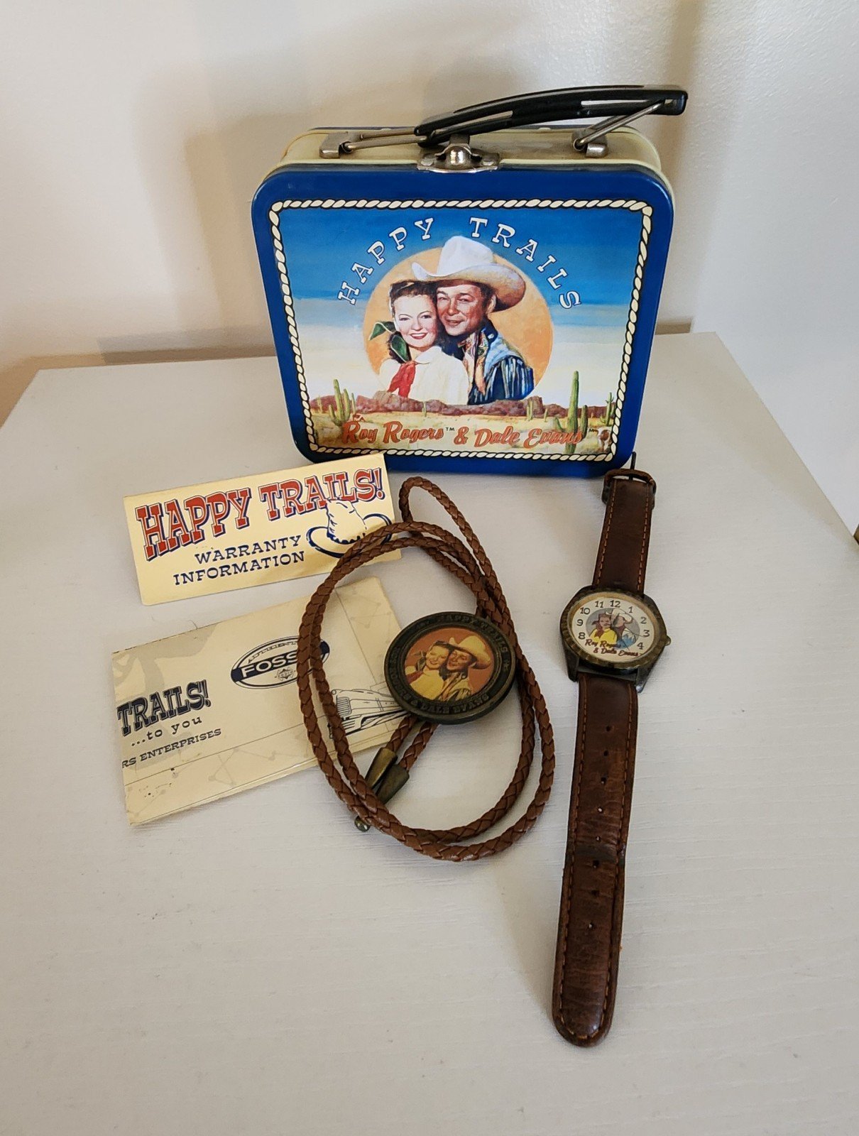 VTG Fossil Roy Rogers Leather Watch Bolo Small Tin Lunch Snack Box Authentic