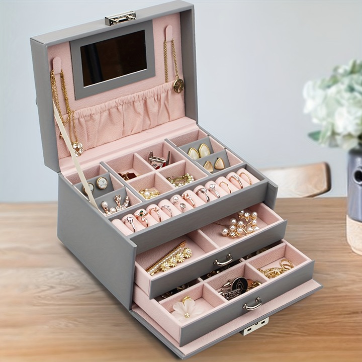 1pc 3-Tier Jewelry Box, 2 Detachable Large Drawers Tote Cosmetic Bag, Princess