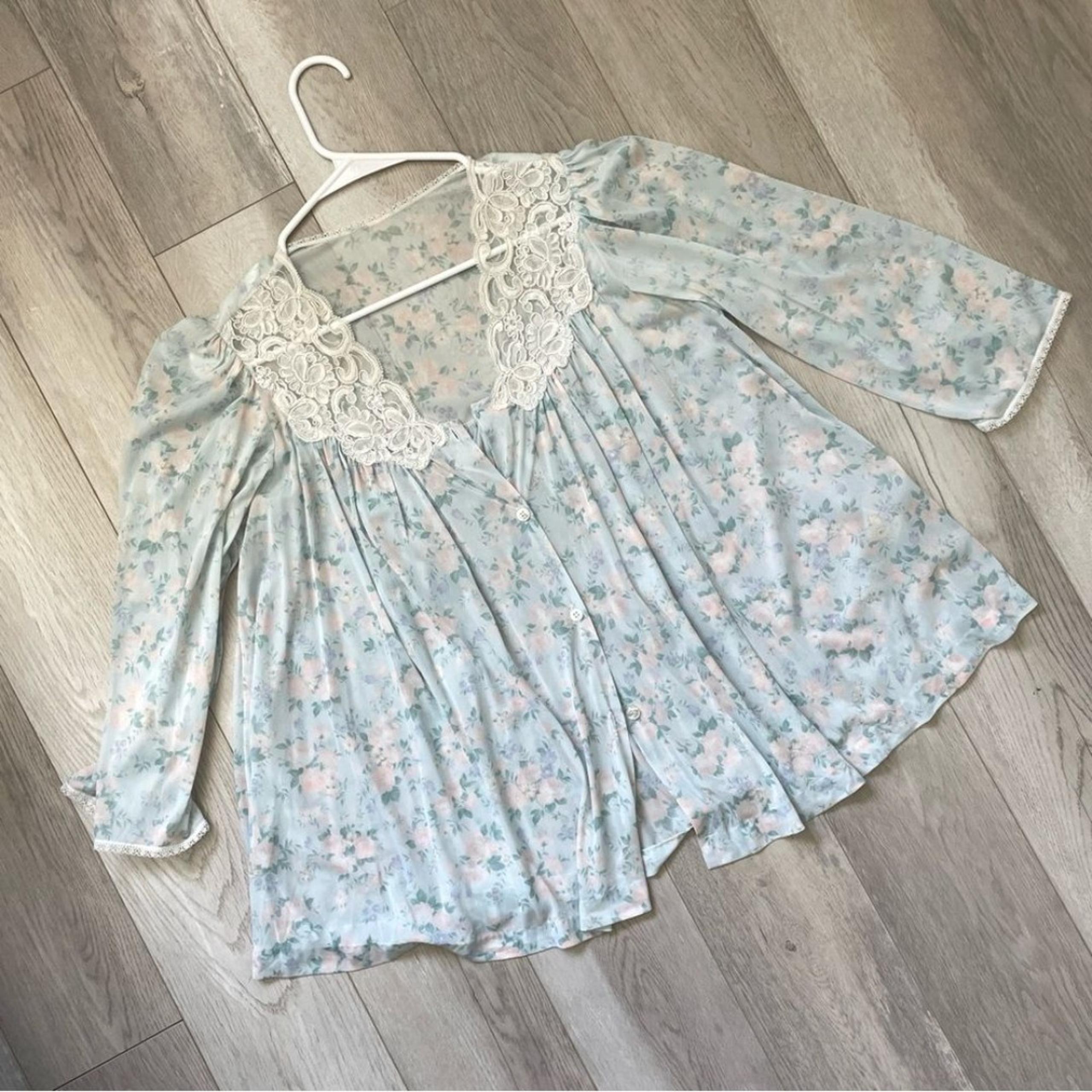 Vintage Cottagecore Pajama Top floral miss elaine womens Blue (small) 70s retro