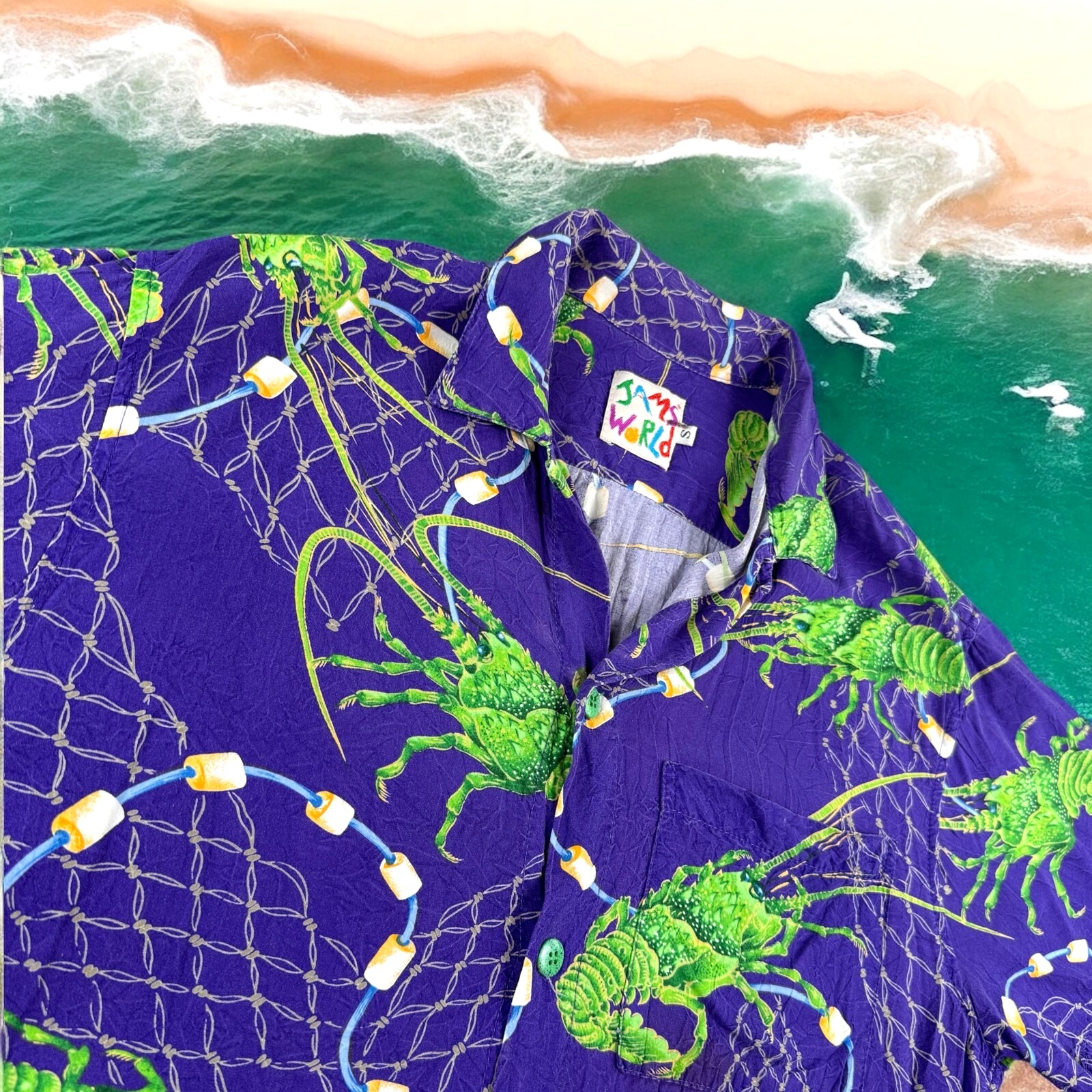 Jams World Hawaiian Shirt Men Small Lobster Fishing Camp Blue Ocean Nautical