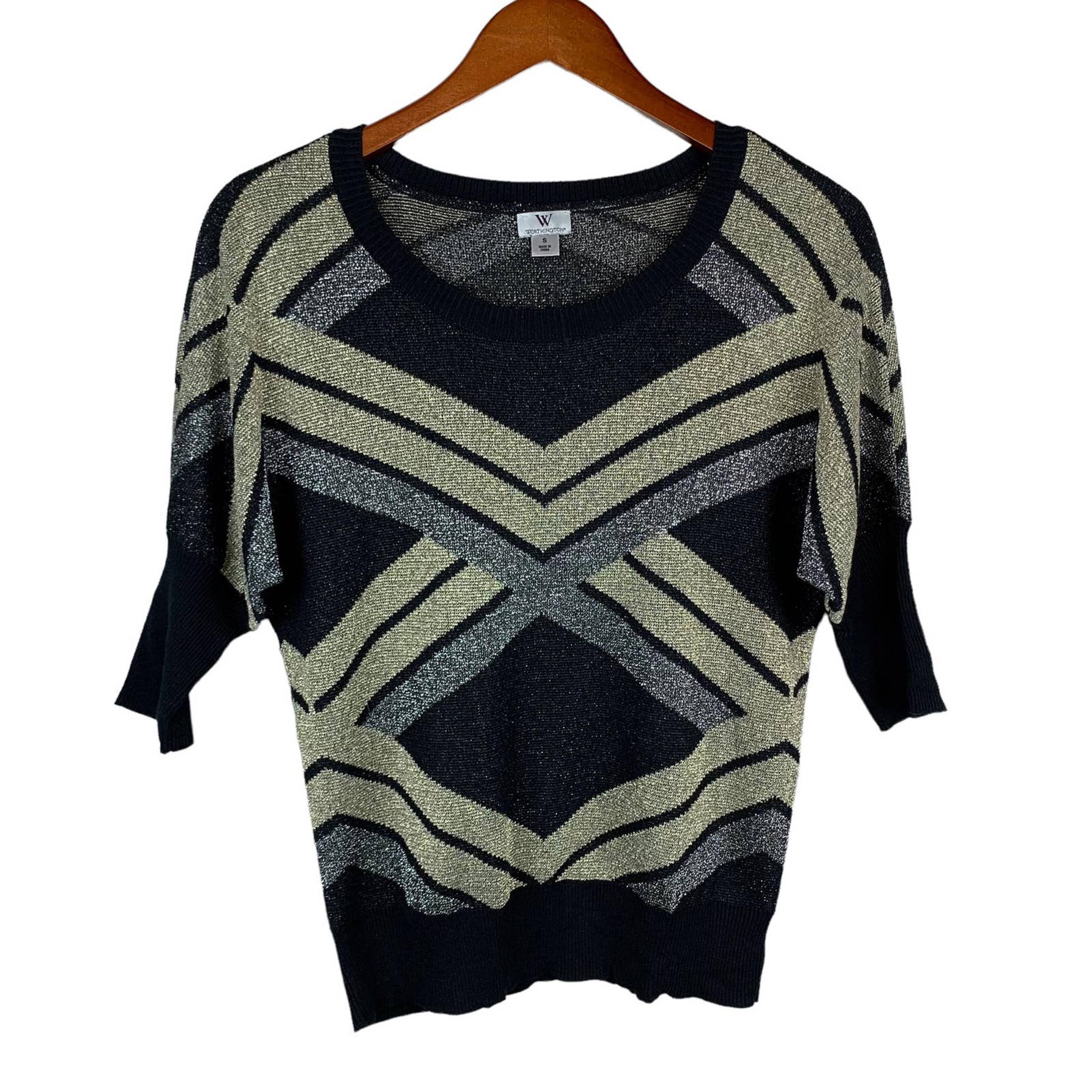 Worthington Geometric Metallic Sweater 80s 90s Black S