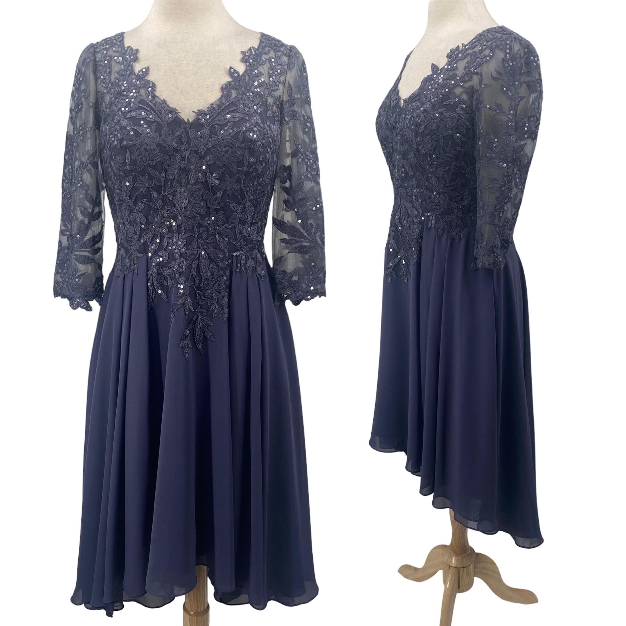 JJs House Lace Bodice Midi Dress Pleated A Line Hi Low Blue Stormy Womens 10