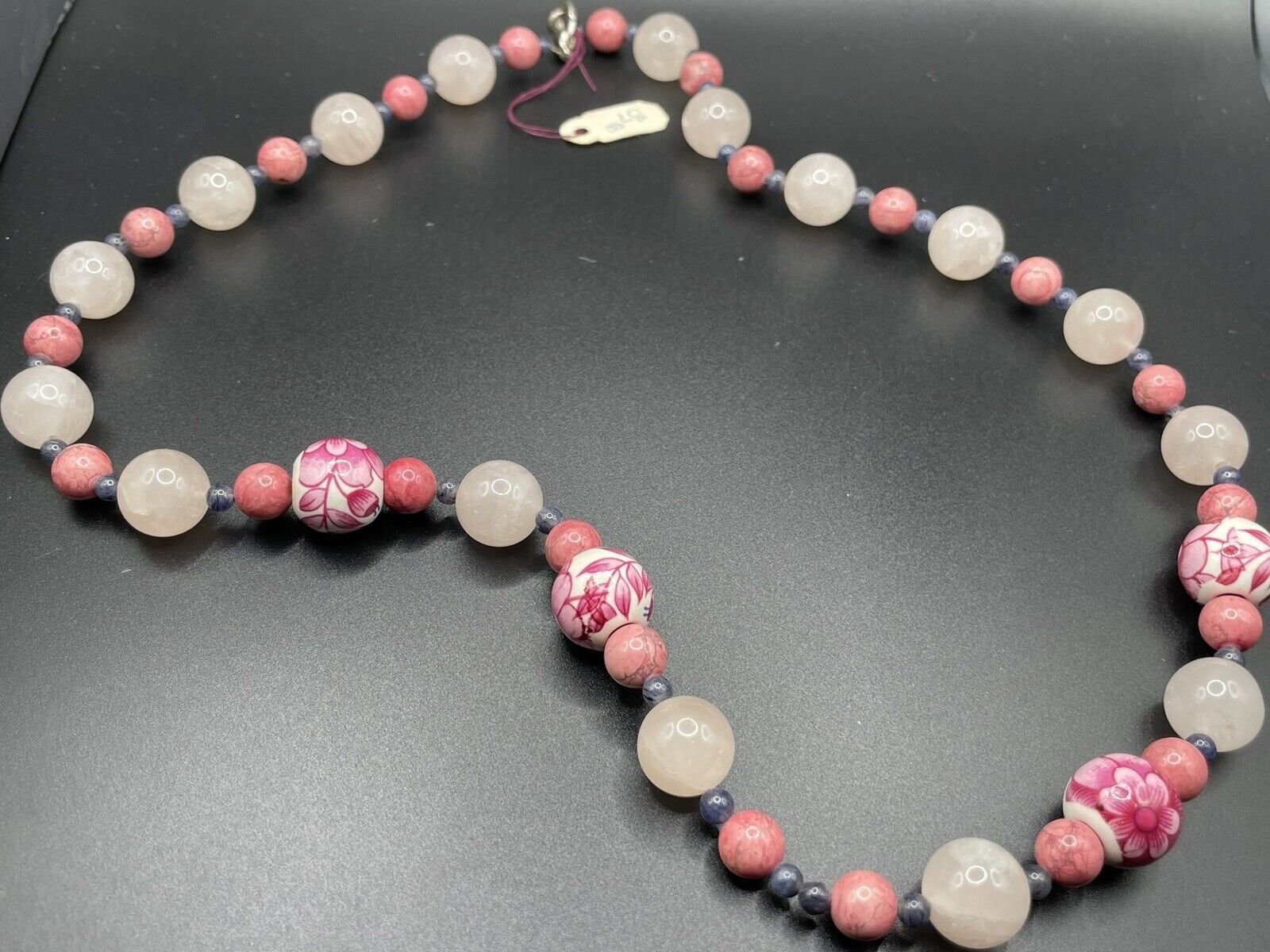 Japanese ceramic flower beads rhodochrosite rosrose quartz Sterling Clasp. 21