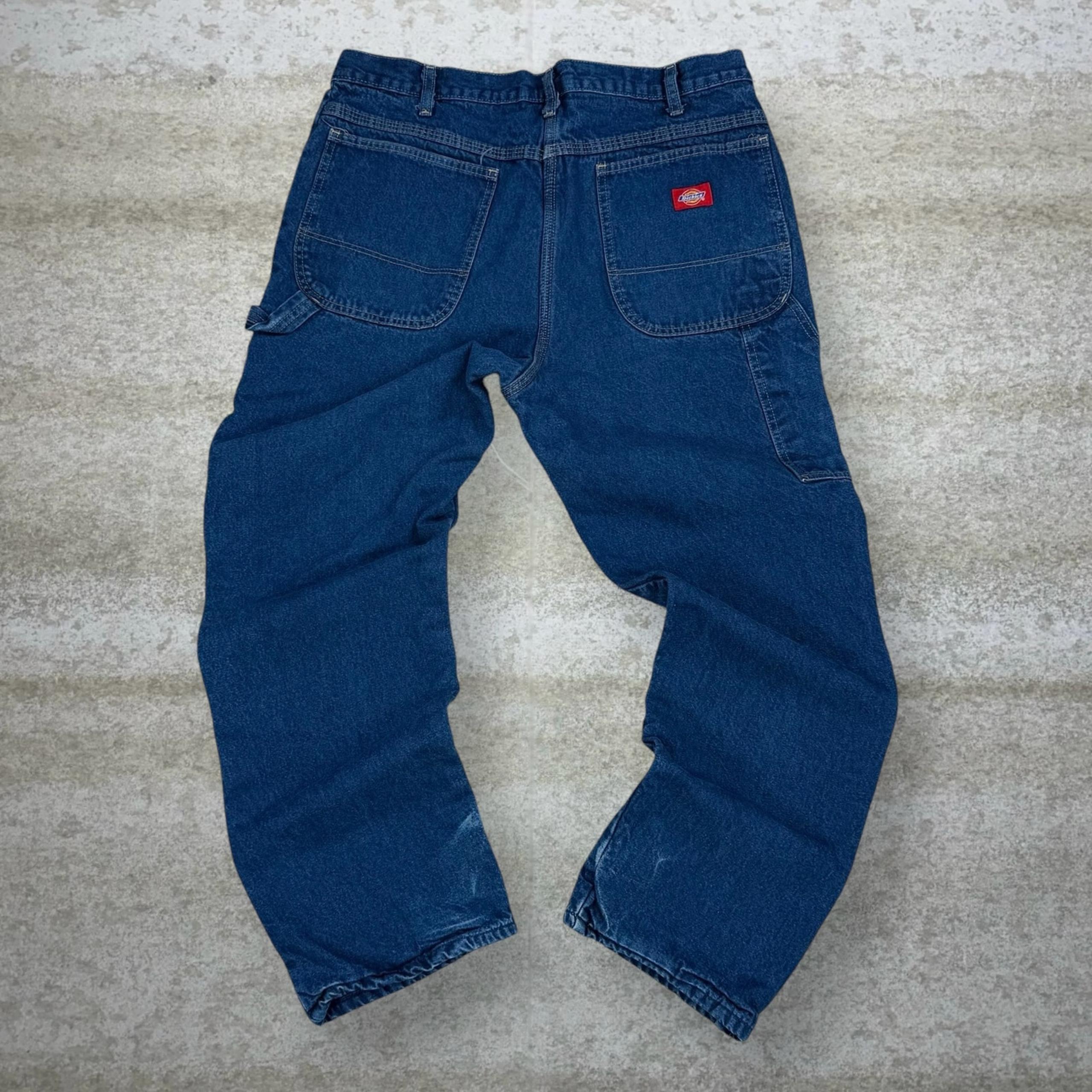 Vintage Dickies Carpenter Jeans Baggy Wide Leg Flannel Lined Dark Wash Denim 90s