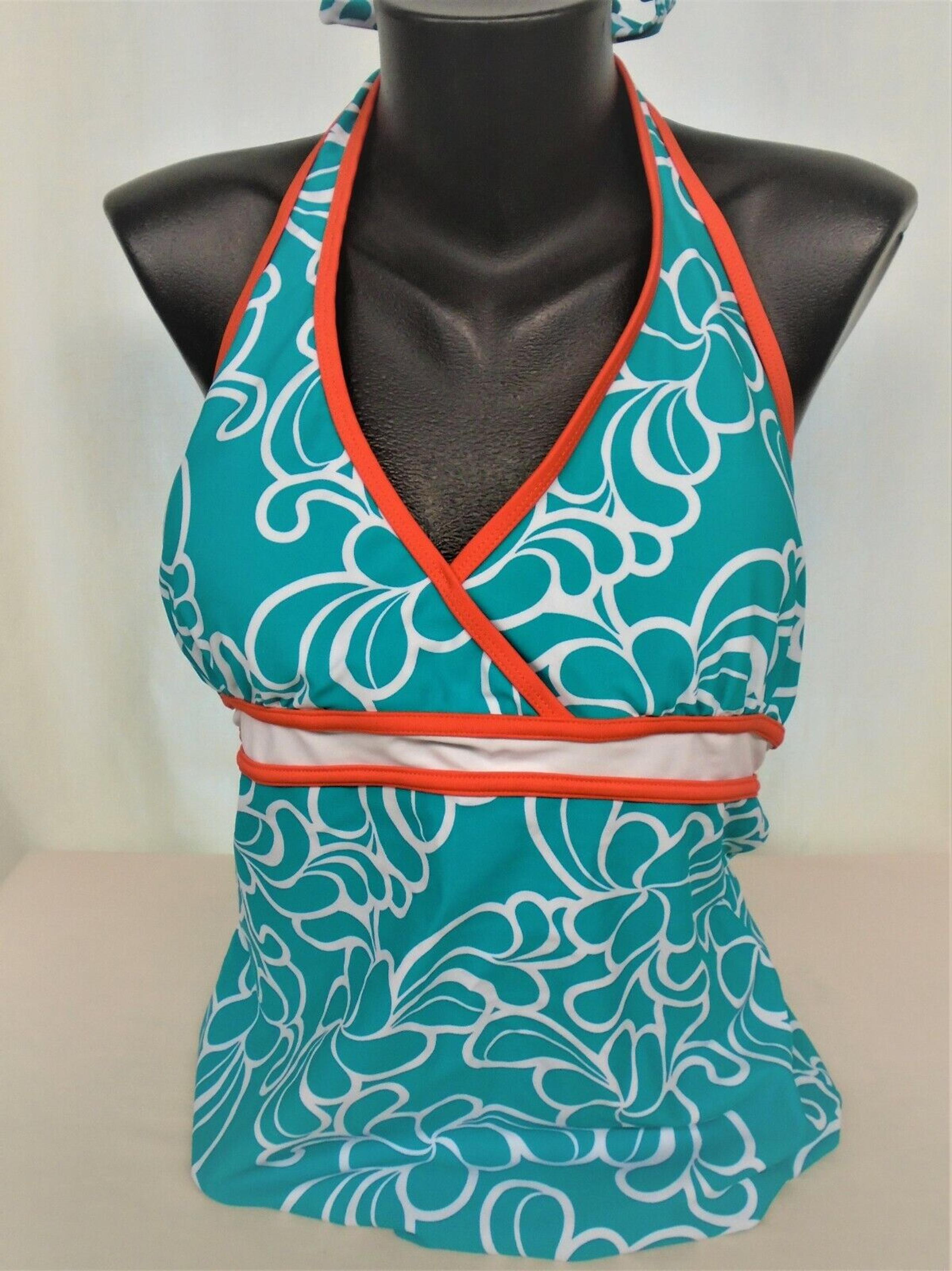 Athletech Swimwear Women's Tankini Top Swimsuit Halter Teal Orange White Size 20