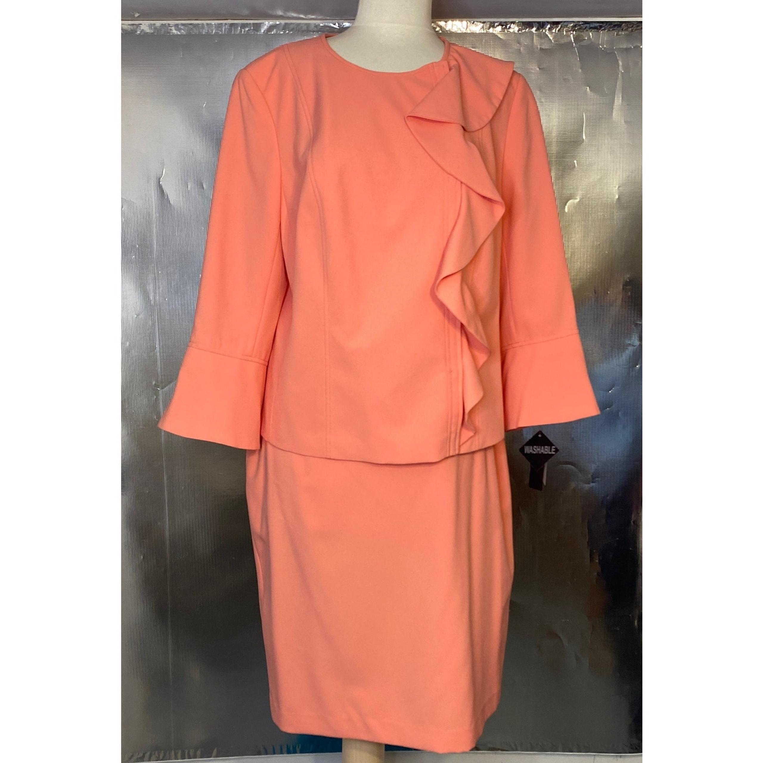 Emily 2PC Coral Polyester Skirt Suit Ruffles-Snap buttons Size 16W