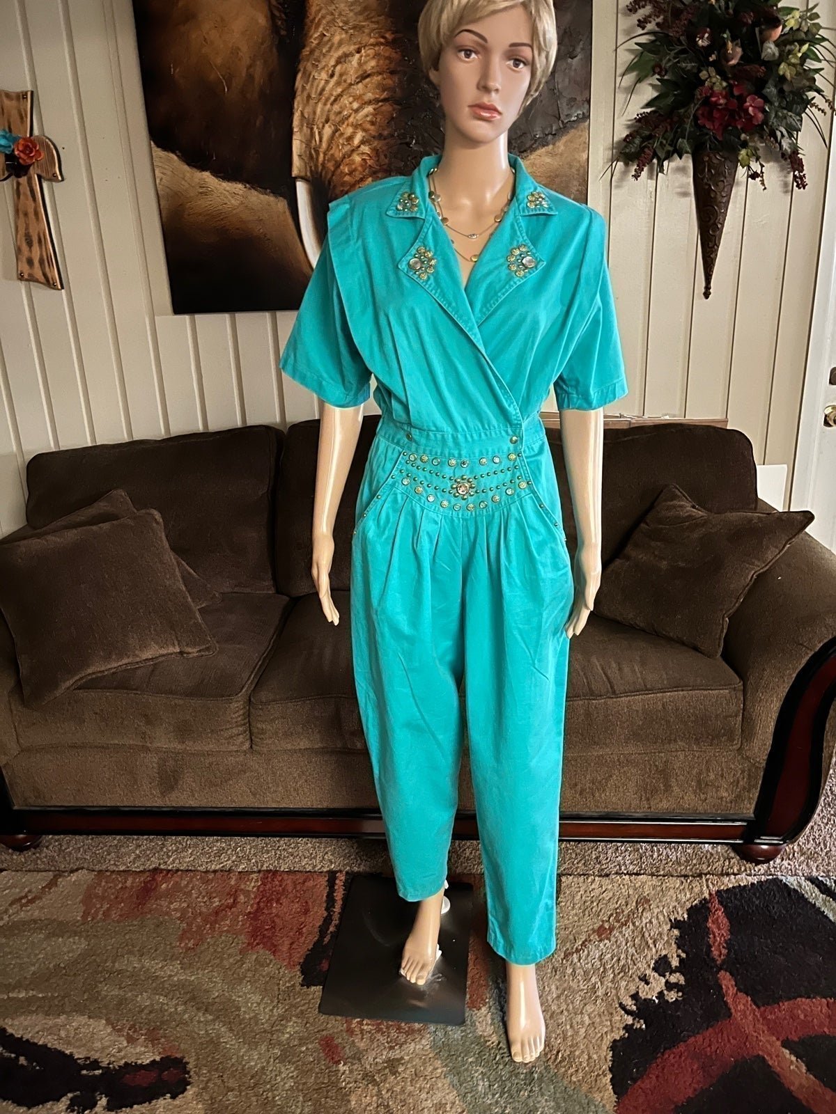 Rio Inc. ~ Vintage ~ Women’s Large Turquoise W/ Gold & Silver Studded ~ Jumpsuit