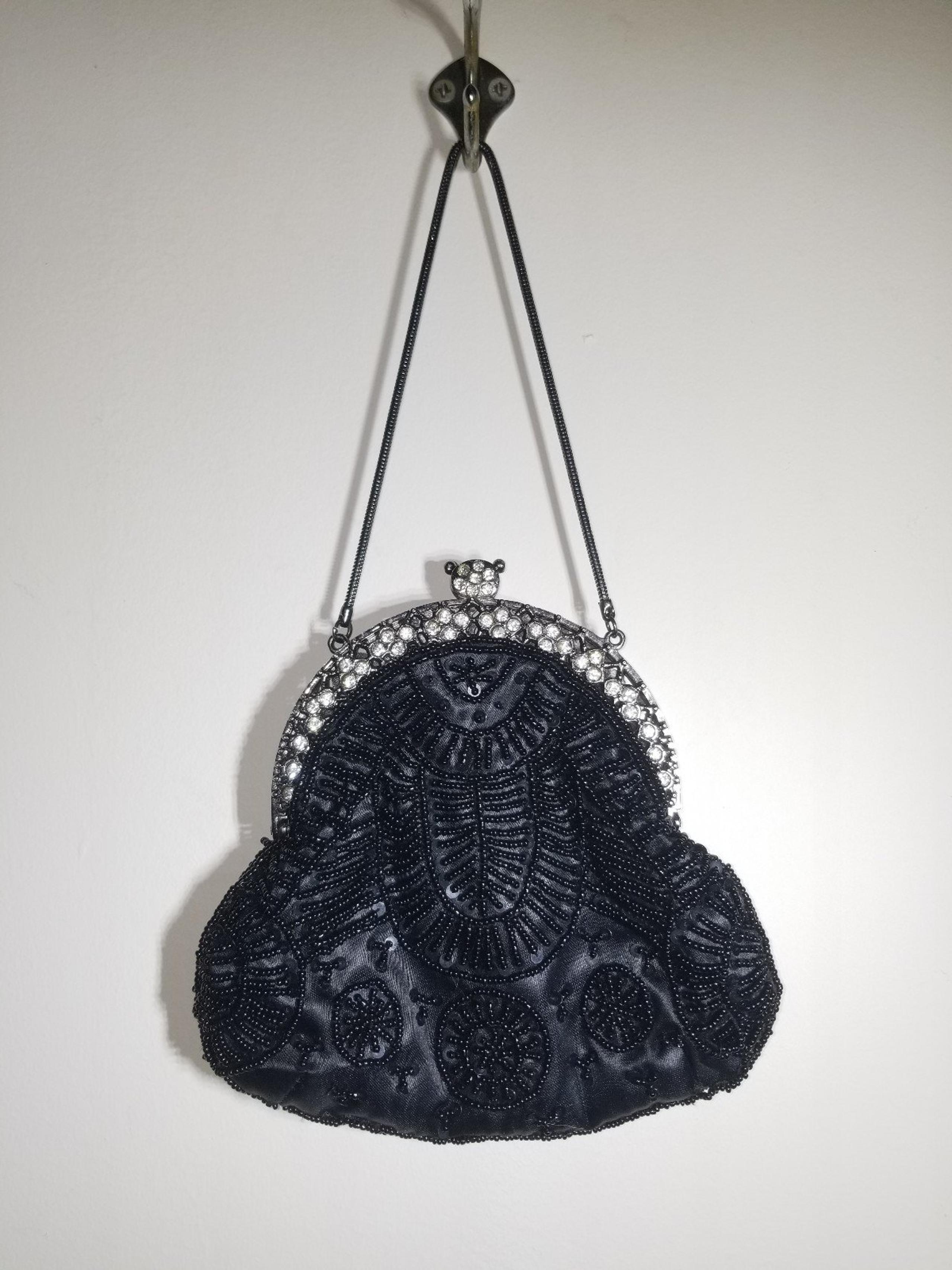 Vtg Jessica McClintock Black Satin Beaded Sequined Rhinestone Evening Bag
