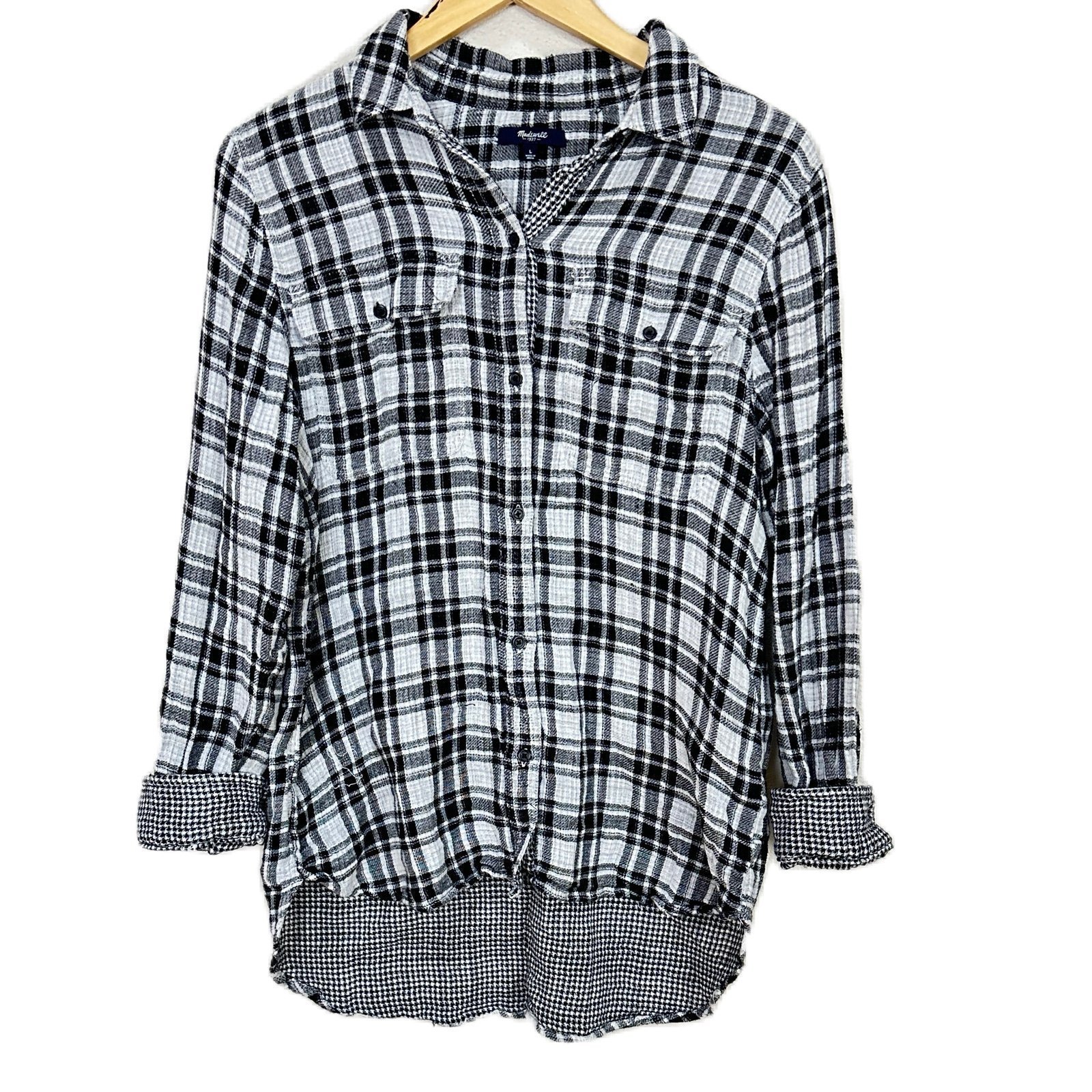 Madewell Ex-Boyfriend Shirt in Kemp Plaid White Black Women’s Sz Large
