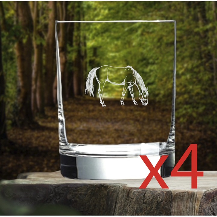Horse Whiskey Glasses x4 Double 14 Oz Premium Old Fashioned Farm Animal Gift NEW