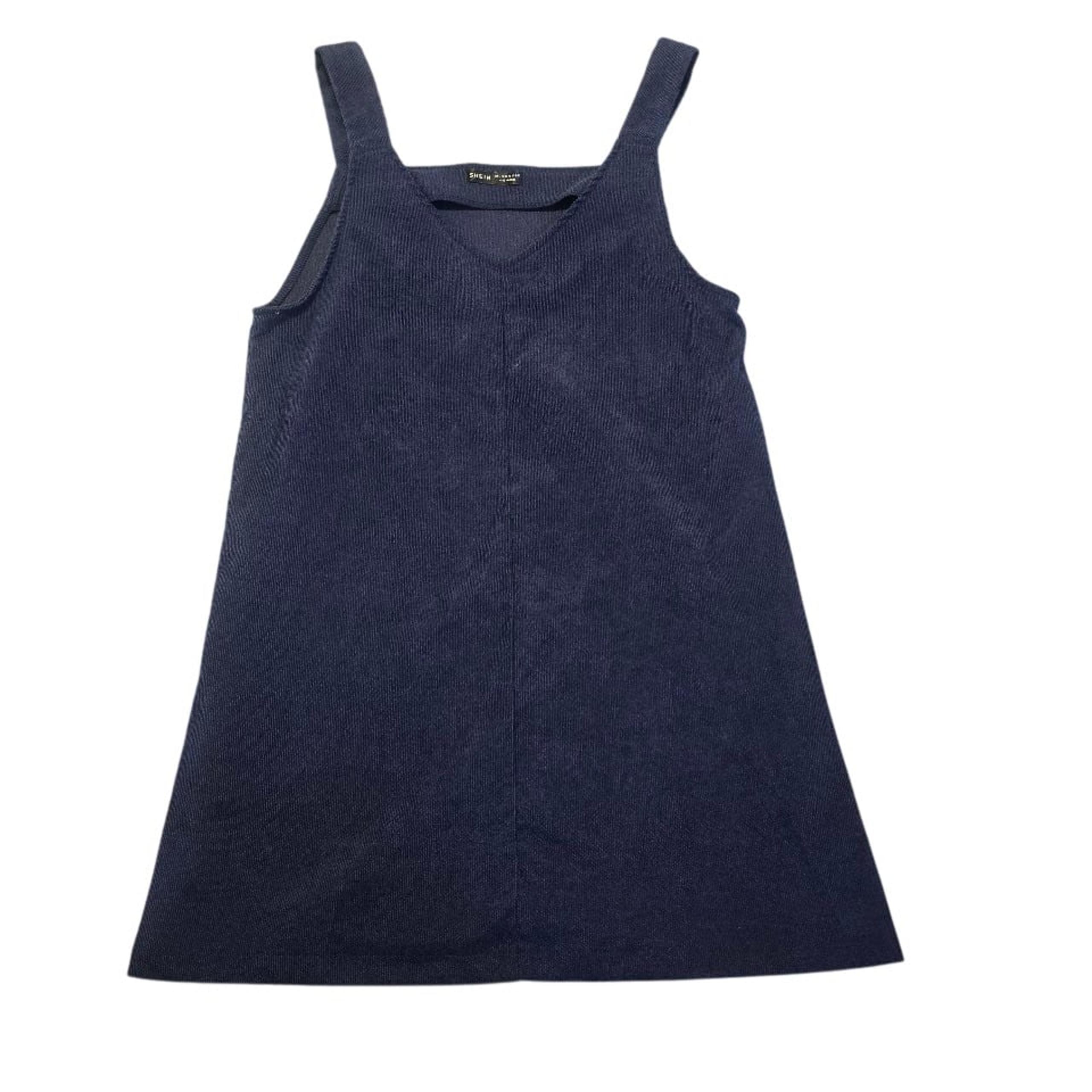Shein Womens Navy Corduroy Mini Dress L Vneck Minimalist Schoolgirl Pullover