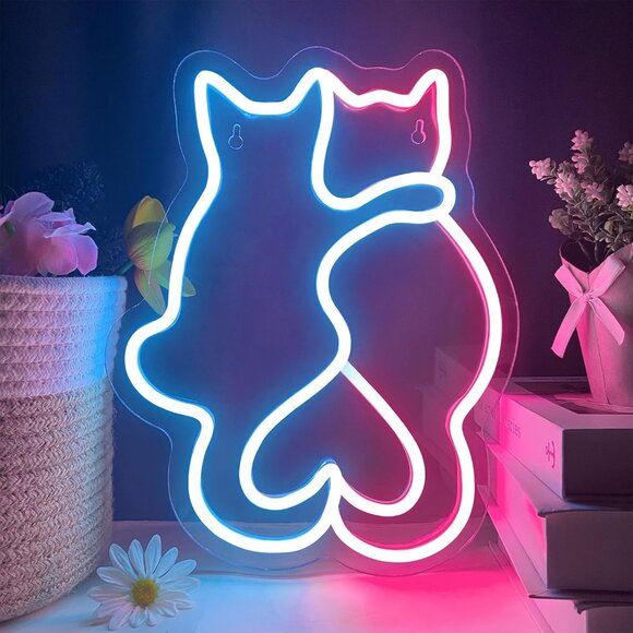 New Two Cat Neon Signs, Cat Heart LED Wall Decor, Cute Neon Light