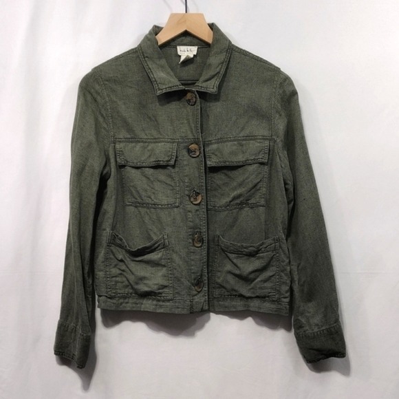 Nicole Miller Linen Utility Jacket Womens S Army Green Cargo Boho Retro 90s Y2K