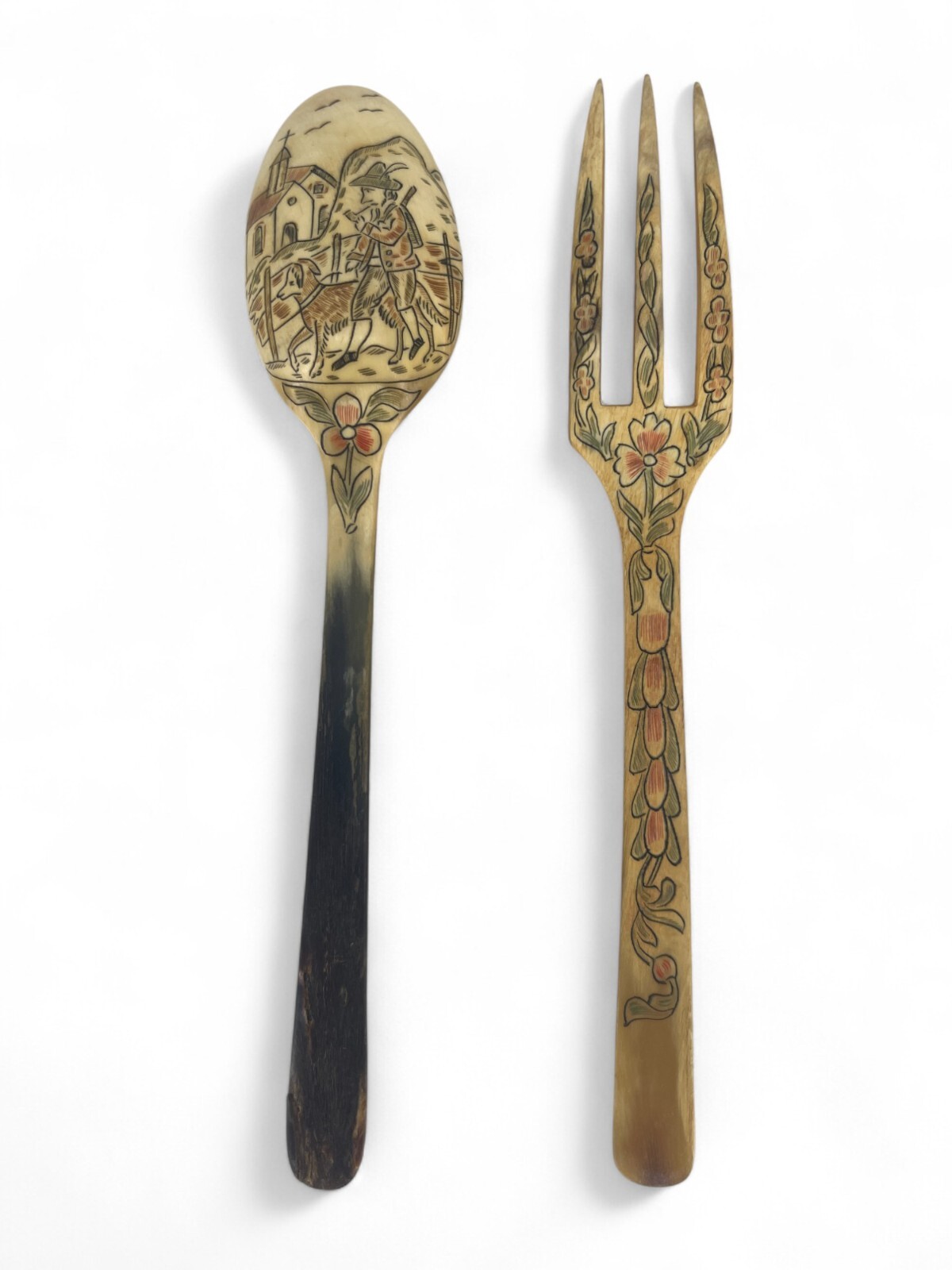 Antique Horn Spoon and Fork Carved Rare