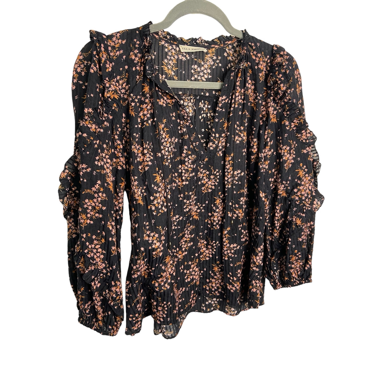 Ulla Johnson Floral Print Ruffle Sleeve Blouse Cotton Silk Blend Black Size 2