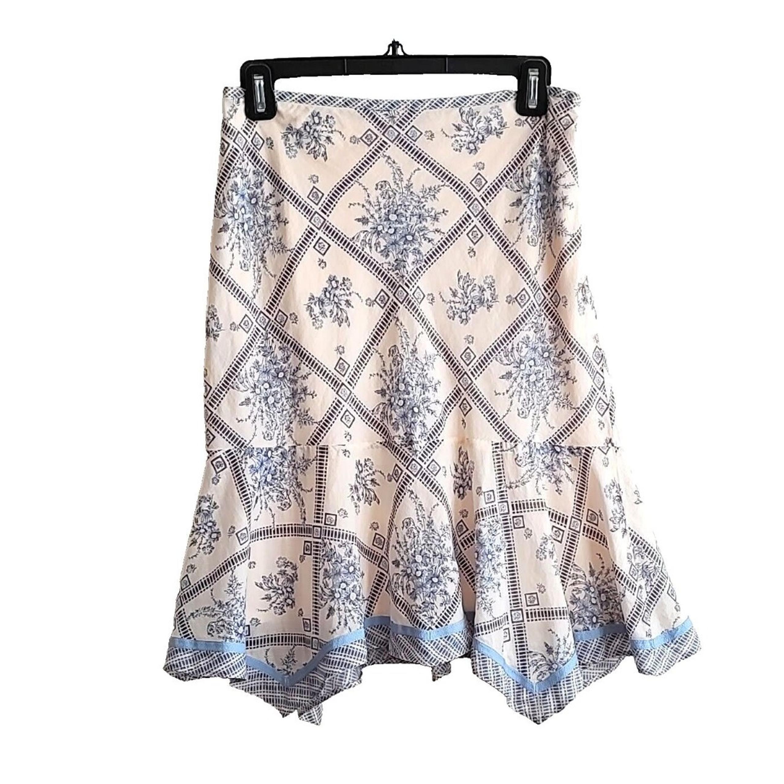 Loft Skirt Cream Blue Floral Handkerchief Plaid Hem Sz 4P Cornflower Blue
