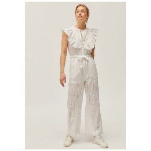Urban Outfitters White Magnolia Floral Eyelet Ruffle Straight Cropped Jumpsuit M