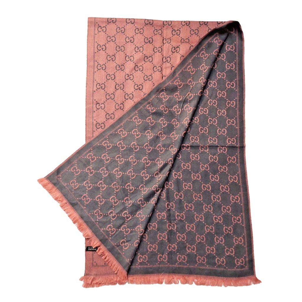 Gucci Pink & Gray GG Logo Print Cashmere Silk Shawl Wrap Scarf Pre-owned