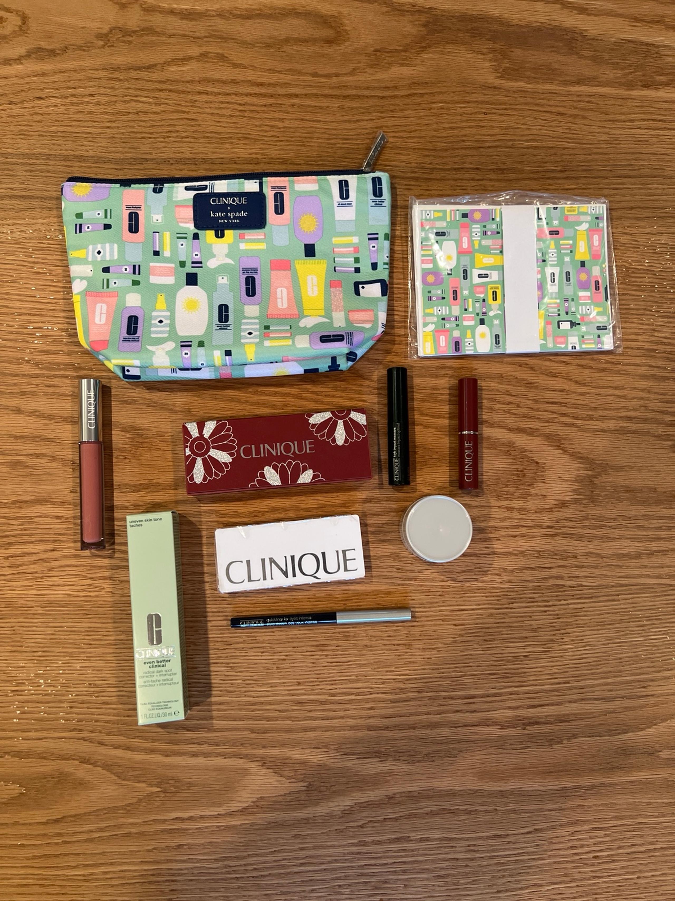 New Clinique Make Up & Skincare Set & Kate Spade Bag & Coordinating Cards