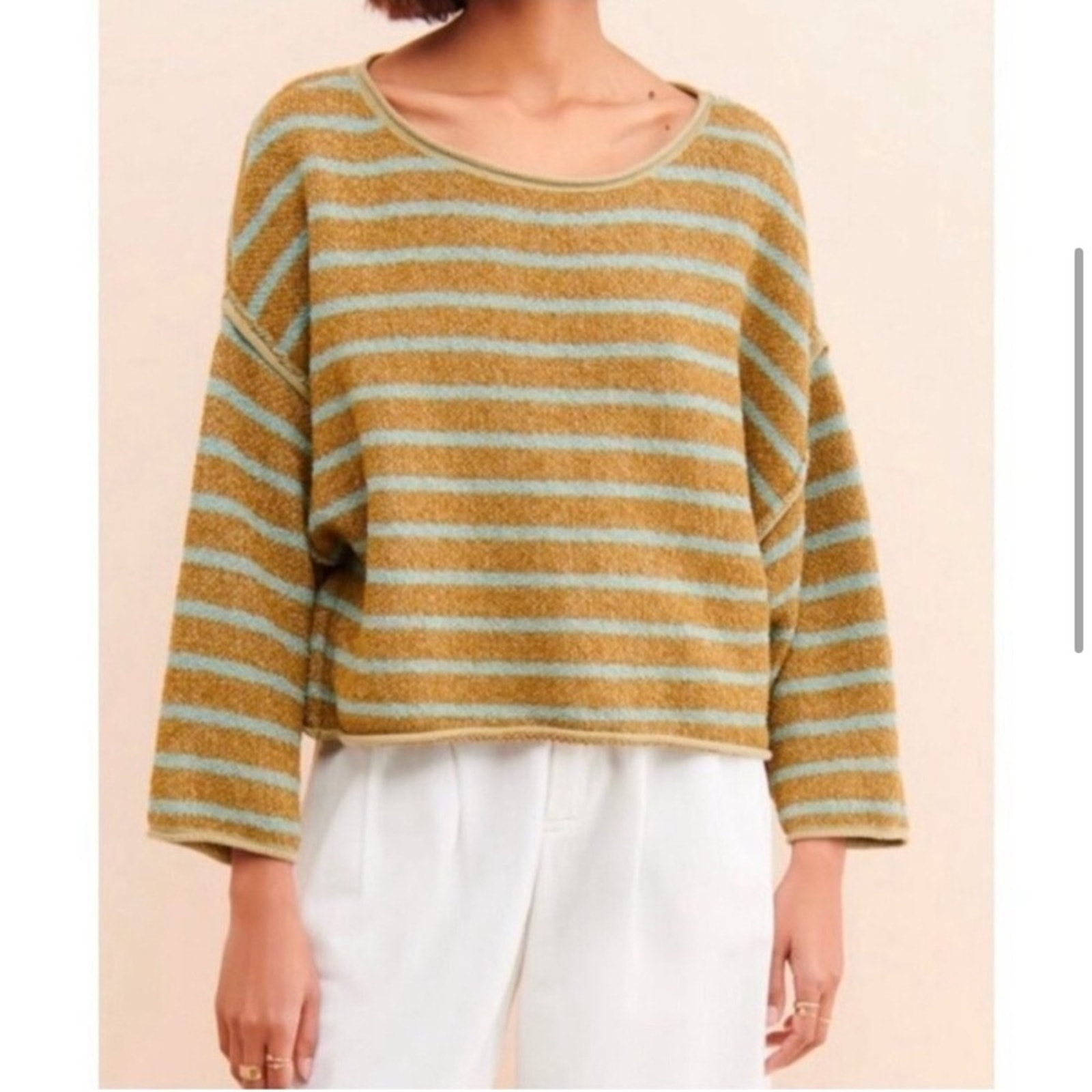 Free People Bardot slouchy olive green blue stripe knit sweater pullover size XS