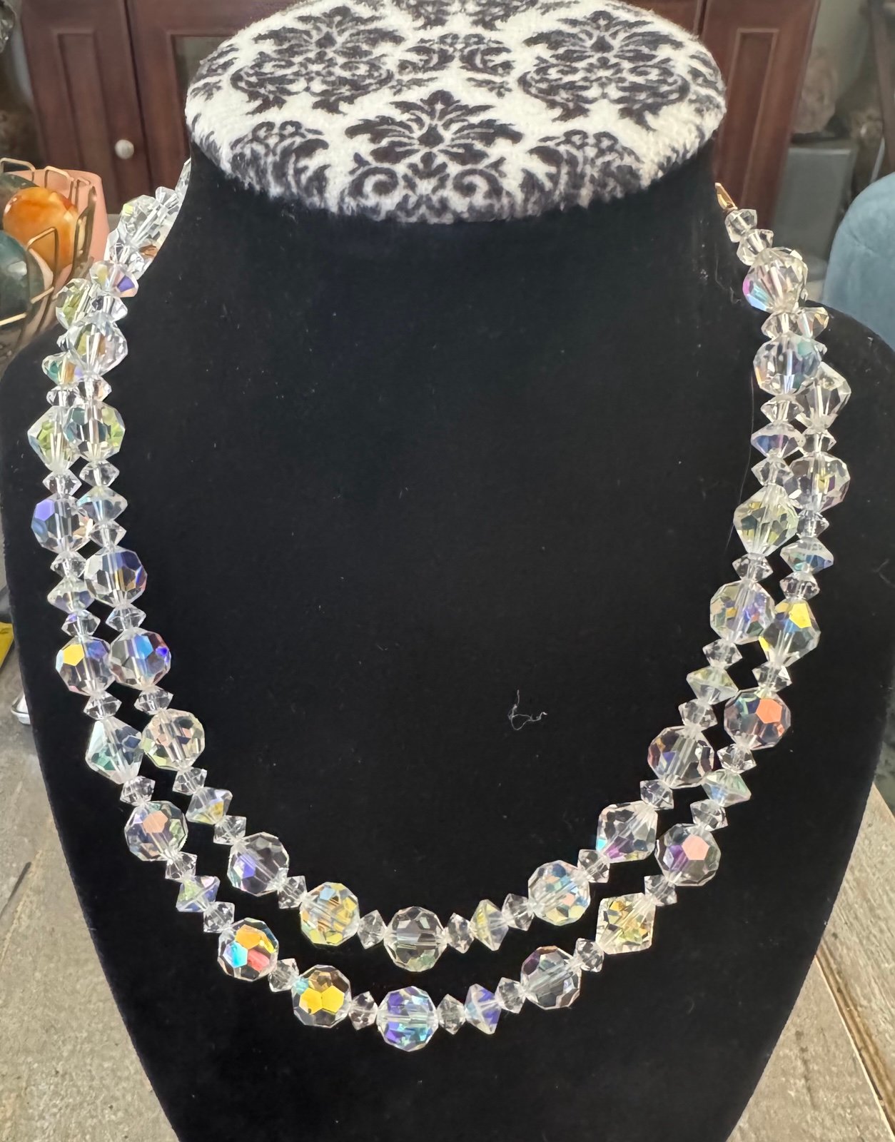 Lisner Vintage Clear Aurora Borealis AB Crystal Faceted Double Strand Necklace