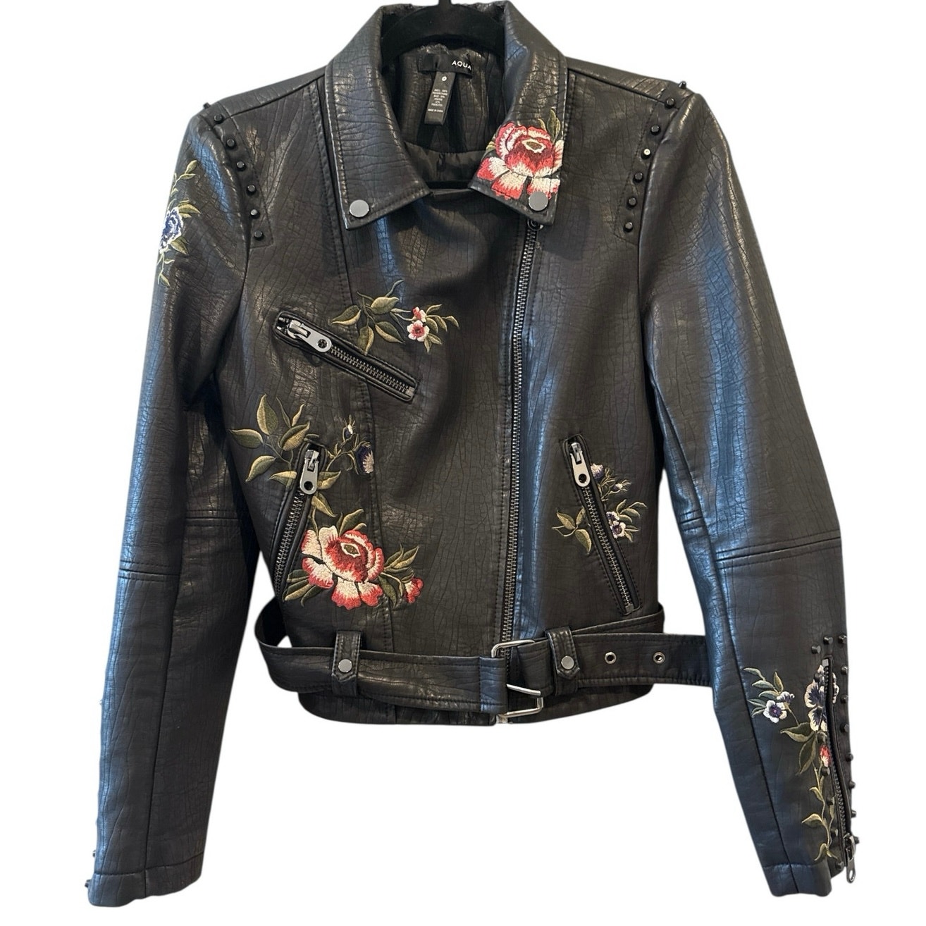 Aqua Faux Leather Jacket With Floral Embroidery
