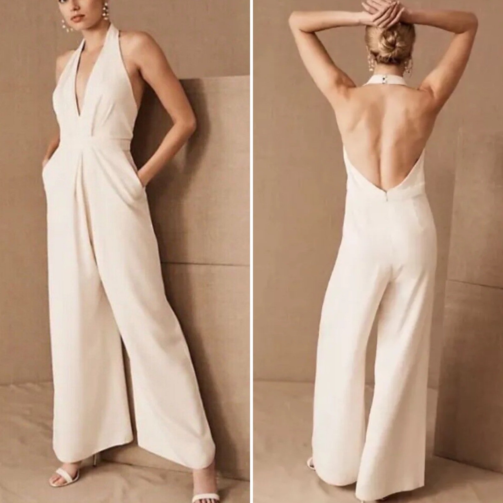 Jill Jill Stuart Mara Deep V Jumpsuit Off White Size 12 Anthropologie Open Back