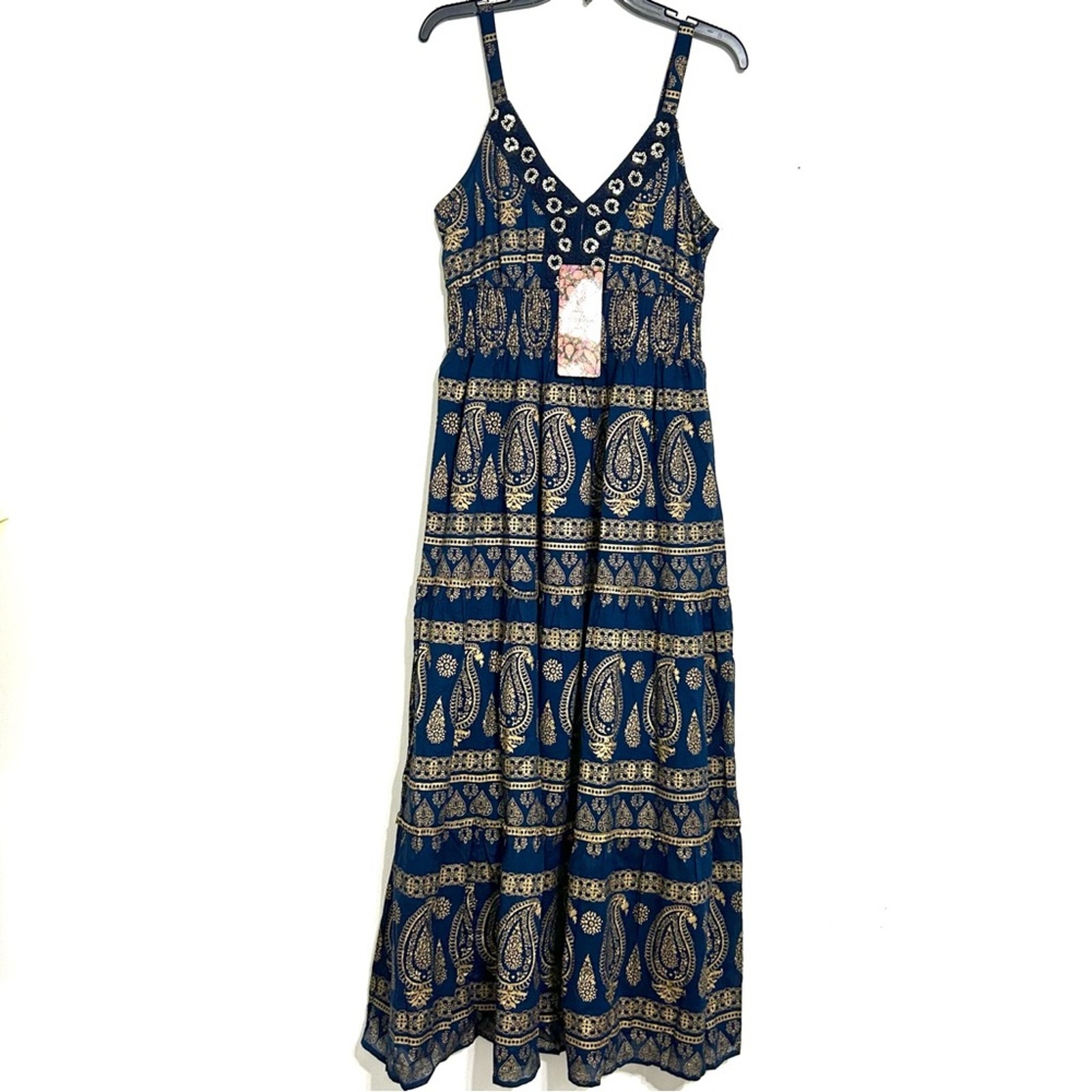 Anthropologie me2magic maxi blue gold dress strappy boho indie wedding party L
