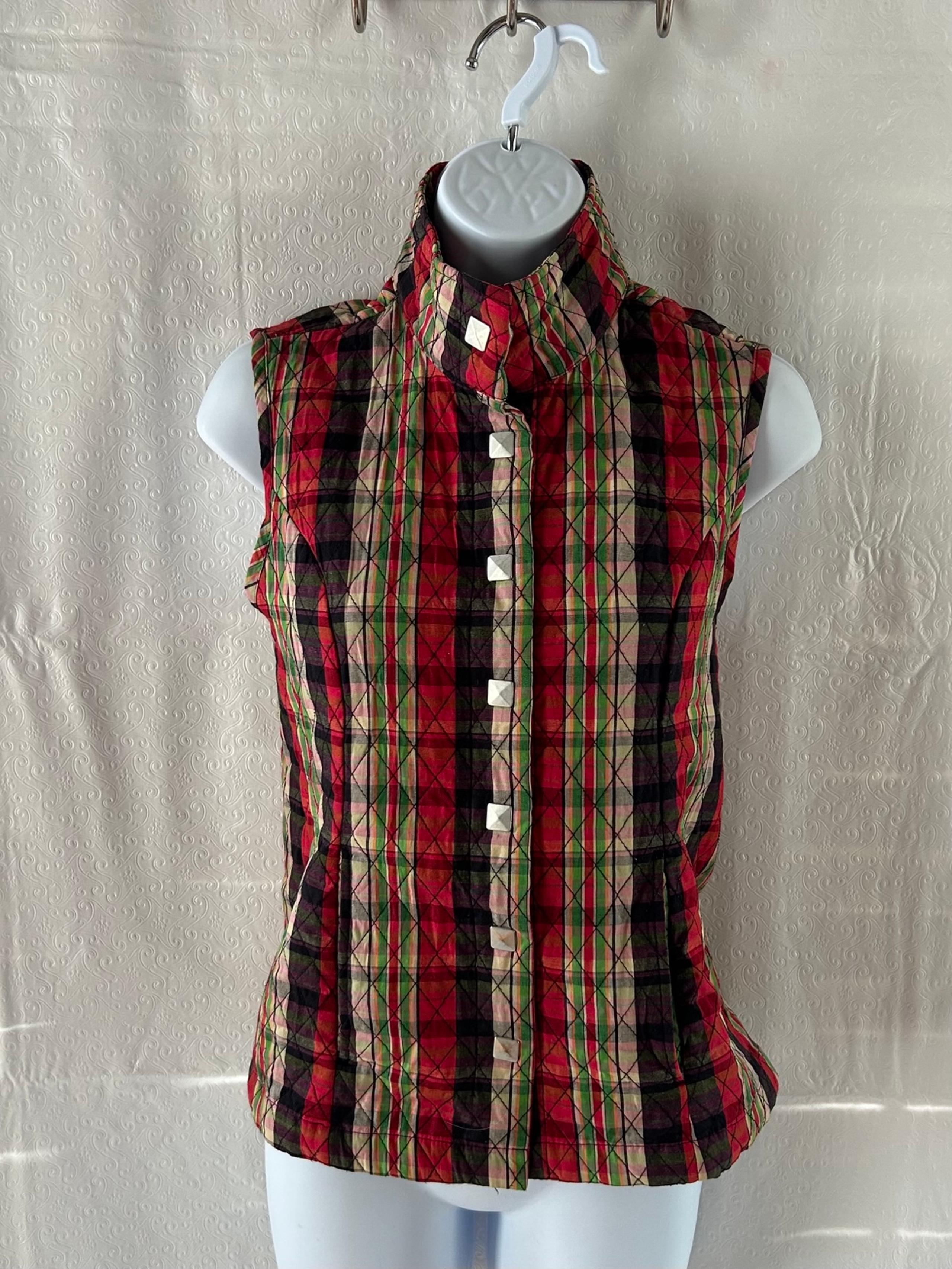 Women’s Christopher & Banks Vest Red Black Green Striped Plaid Snap Front Size S