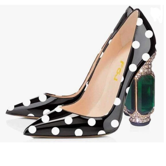 FSJ Black Polka Dots Bridal Pointed Toe High Heel Crystal Pump Wedding Shoes
