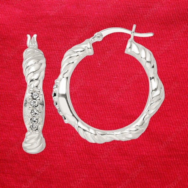 Sterling Silver CZ Twisted Scalloped Hoop Earrings