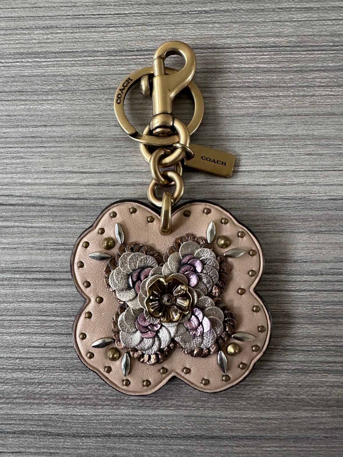 Coach Leather Sequin Applique Tea Rose Bag Charm Beechwood Multi