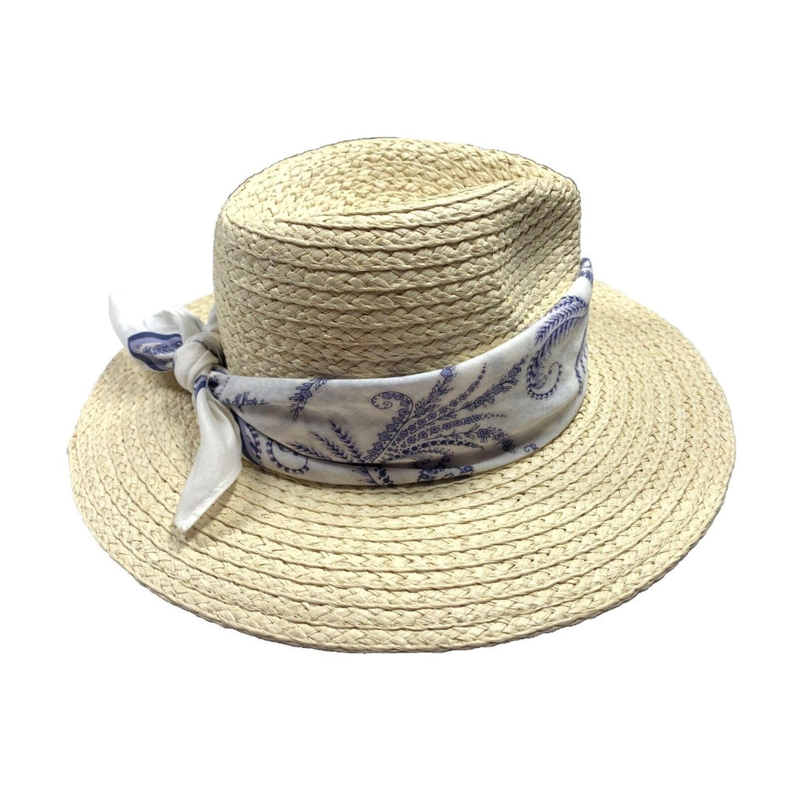 BANANA REPUBLIC Fedora Hat Blond Braided Straw Womens S/M Blue Scarf Included