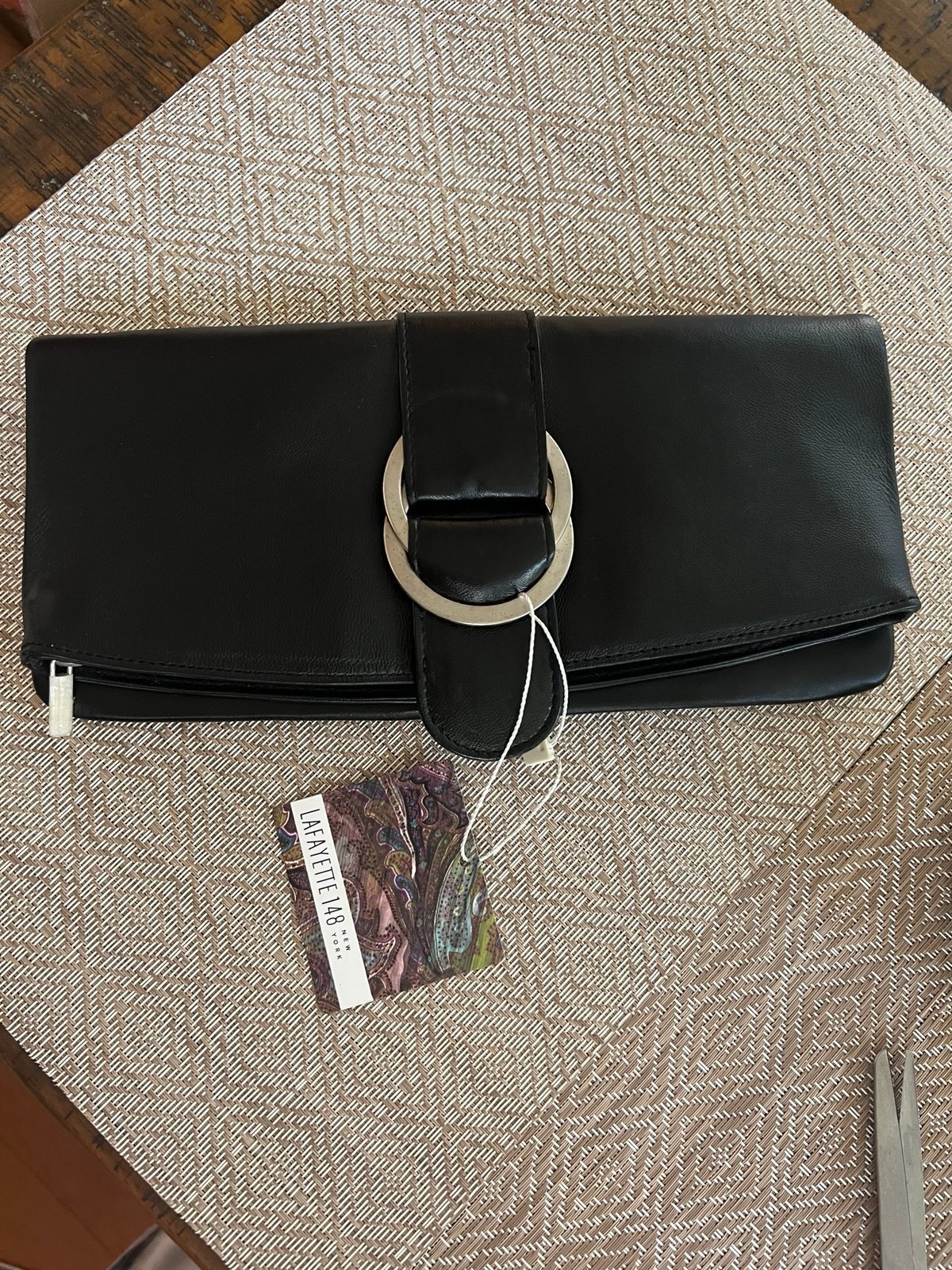Lafayette 148 Black Leather Clutch Purse Evening Formal Teal Lining