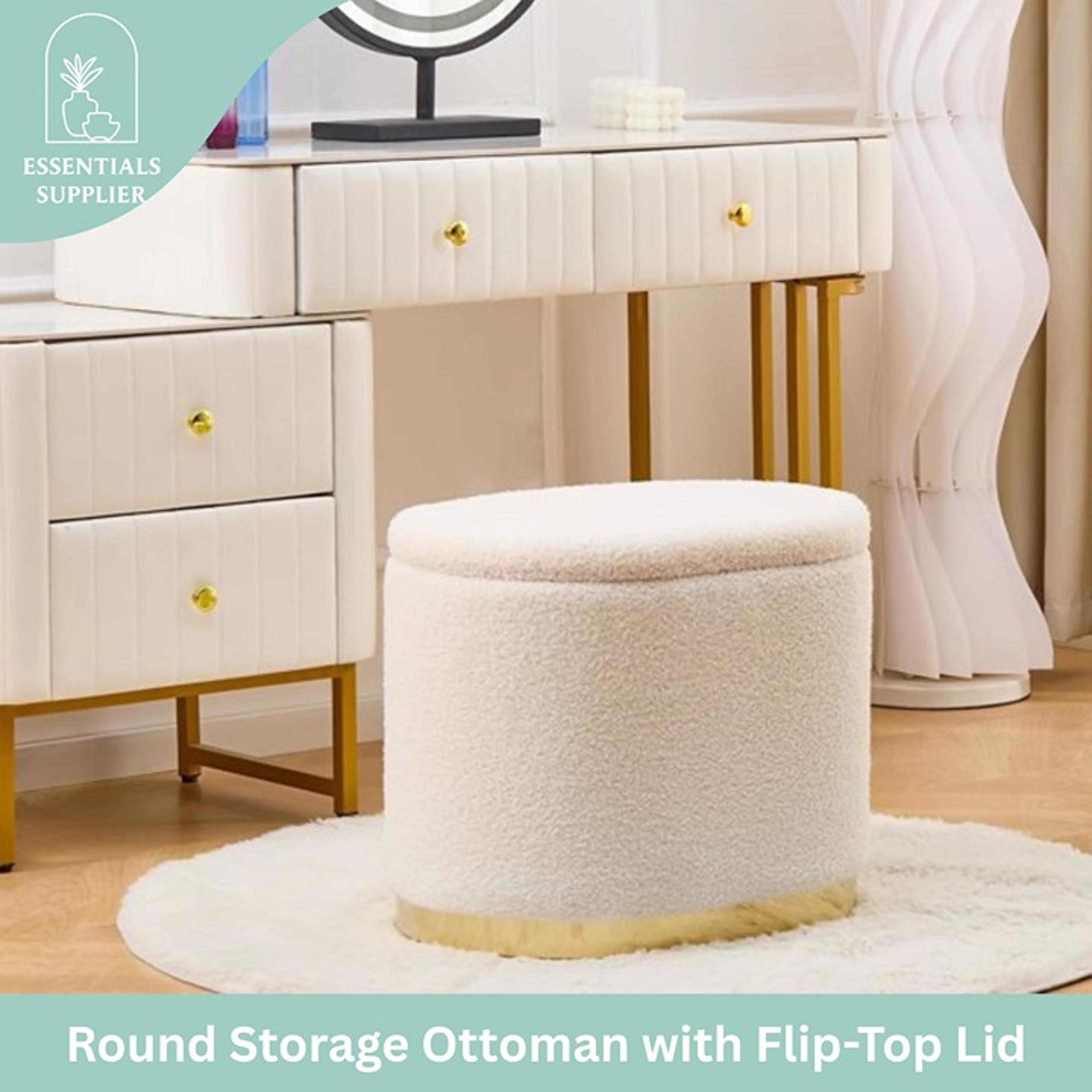 Round Storage Ottoman with Flip-Top Lid – White Upholstered Stool